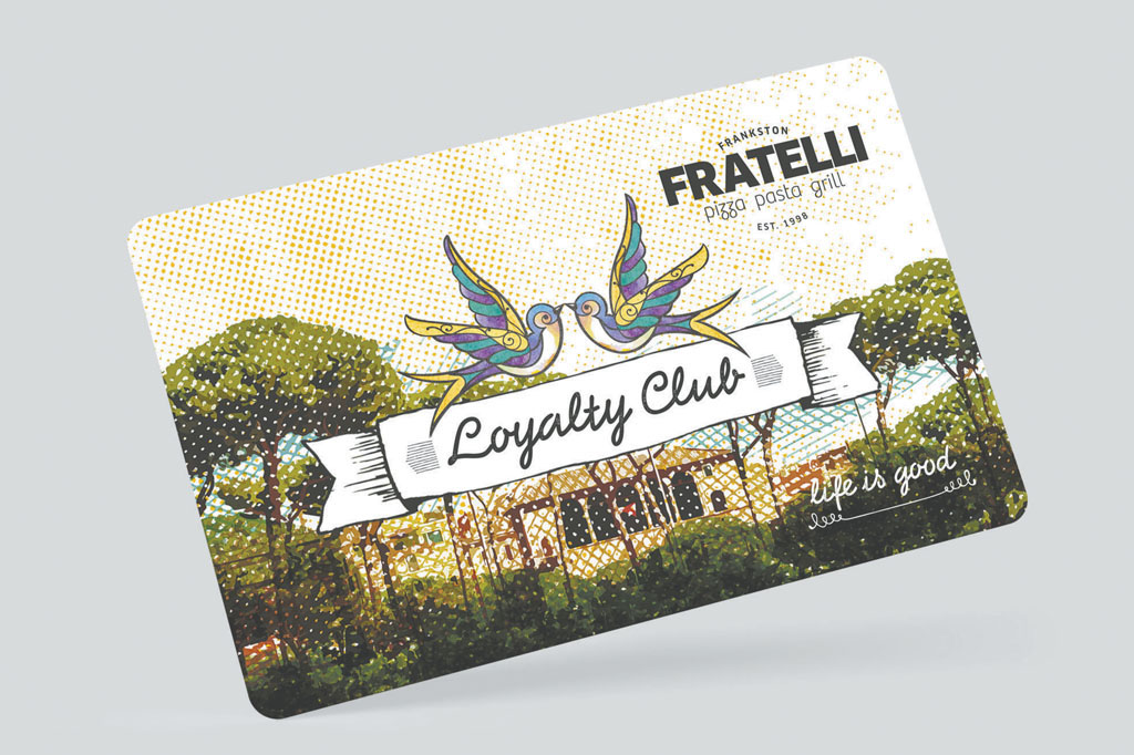 Fratelli loyalty card featuring colourful bird illustrations and Italian landscape artwork reflecting modern rustic restaurant branding and graphic design Melbourne