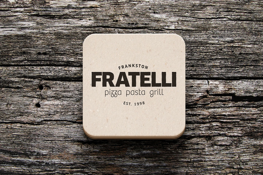 Fratelli branded drinks coaster featuring modern rustic Italian restaurant branding and premium hospitality graphic design Melbourne