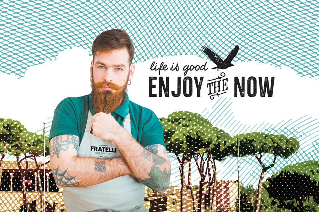 Fratelli life is good, enjoy the now graphic for Italian restaurant branding, premium hospitality graphic design Melbourne