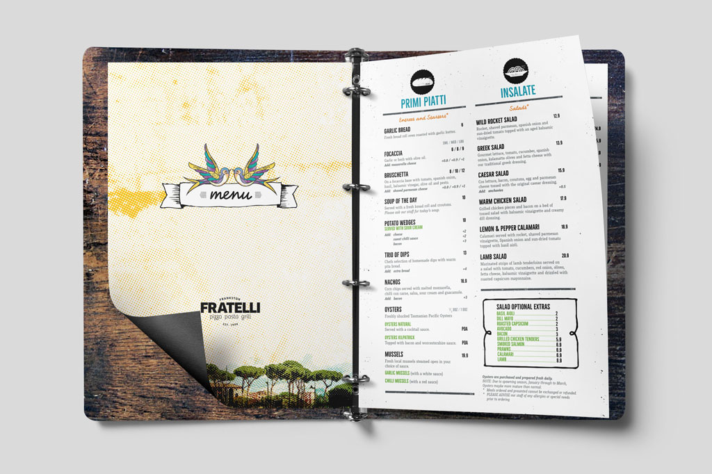 Fratelli main menu design featuring modern rustic Italian branding authentic food presentation and premium hospitality graphic design Melbourne