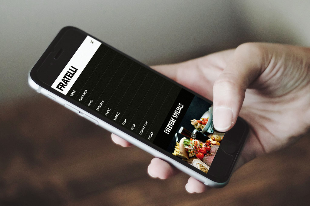 Fratelli mobile website design showcasing modern rustic Italian restaurant branding responsive web design and premium hospitality visual identity Melbourne