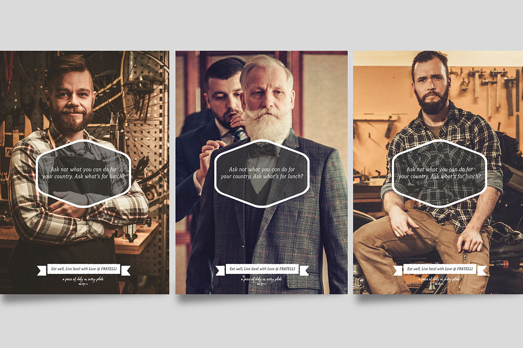 Fratelli promotional advertising campaign featuring Melbourne working men with retro rustic Italian branding and creative hospitality graphic design Melbourne