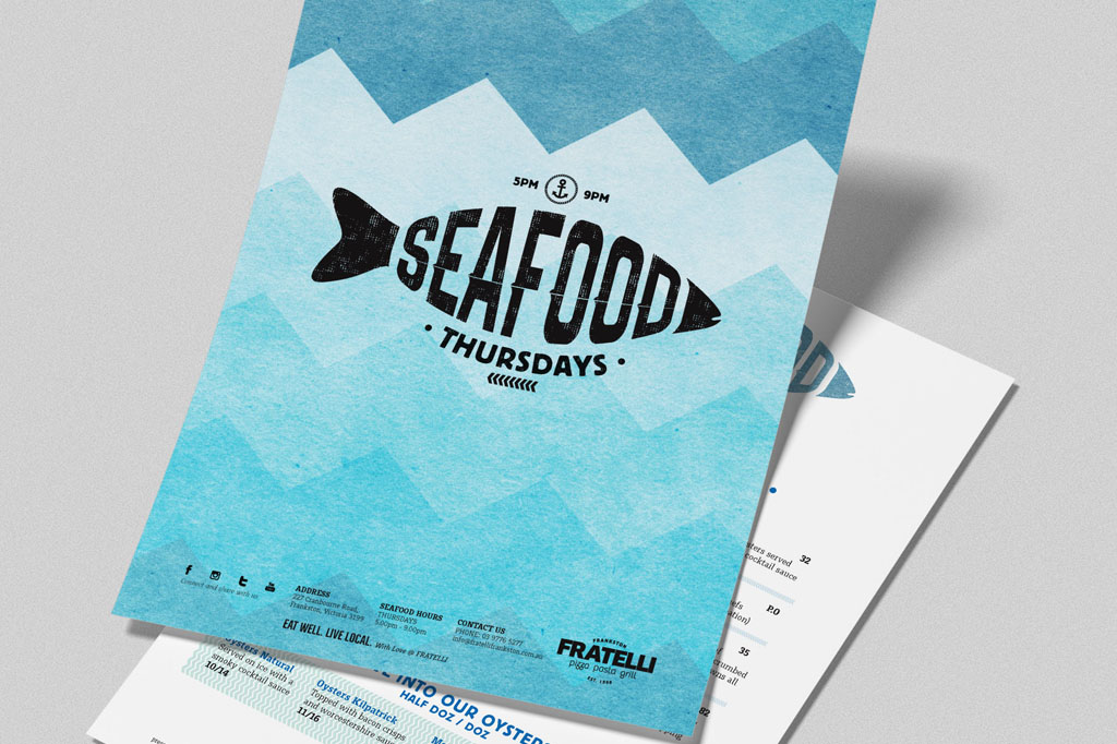 Fratelli Seafood Thursdays promotion for Italian restaurant branding, premium hospitality graphic design Melbourne