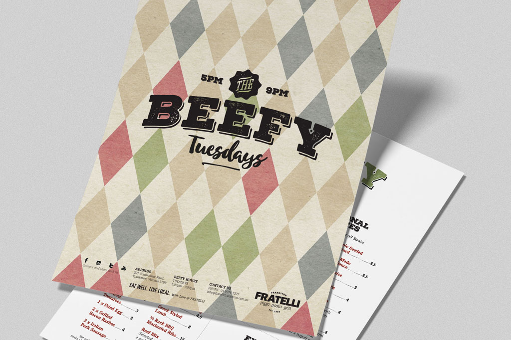 Fratelli Beefy Steak Tuesdays promotion for Italian restaurant branding, premium hospitality graphic design Melbourne