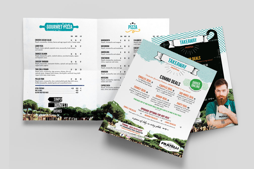 Fratelli takeaway menu design showcasing modern rustic Italian branding handcrafted food offerings and premium hospitality graphic design Melbourne