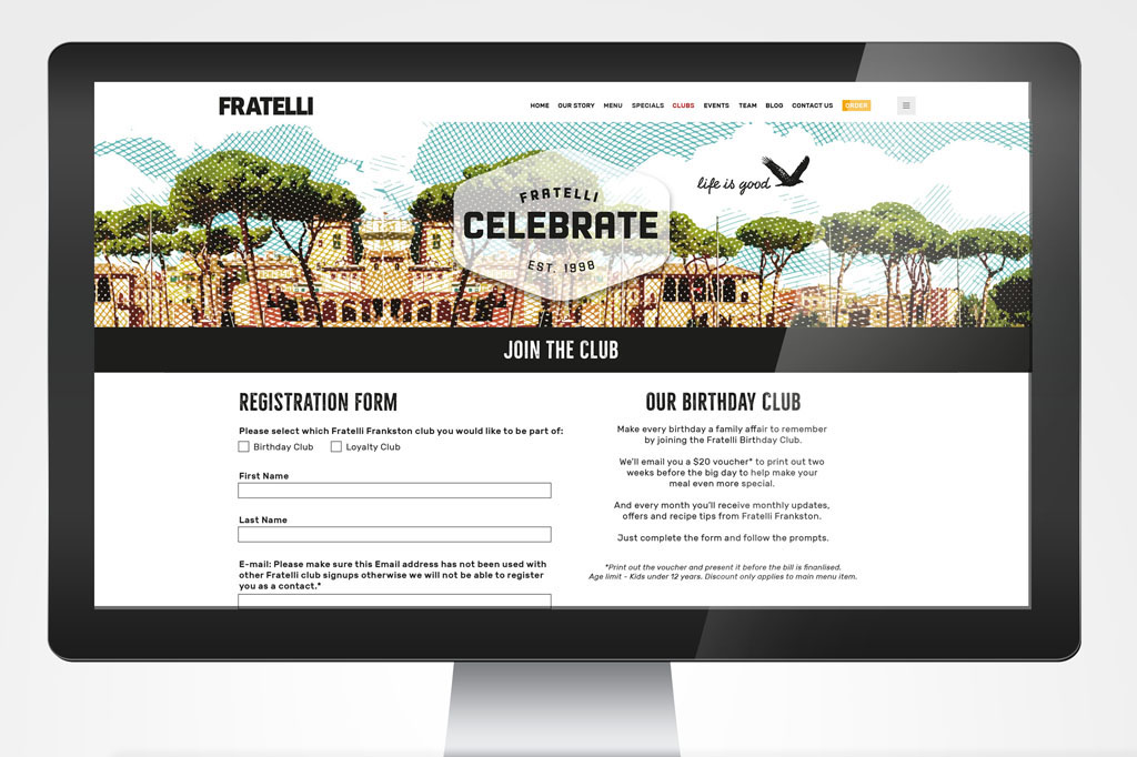 Fratelli website join the club page design showcasing modern Italian restaurant branding event promotion and premium hospitality web design Melbourne