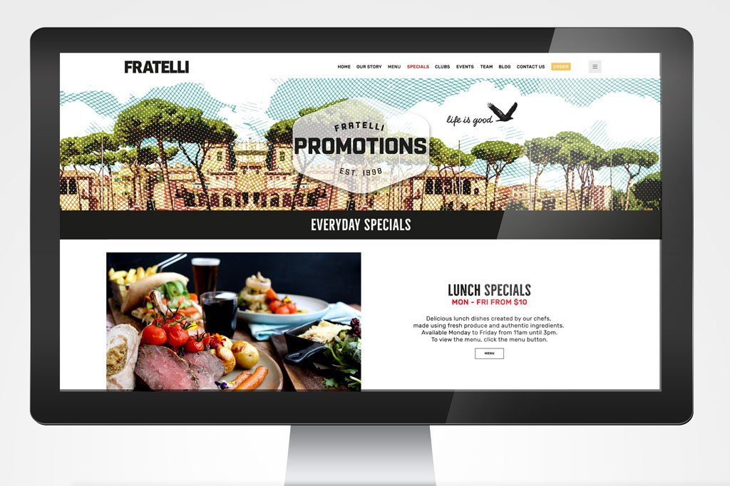 Fratelli food specials page design showcasing modern rustic Italian restaurant branding event promotion and premium hospitality web design Melbourne
