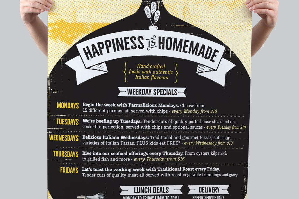 Fratelli promotional food design showcasing handmade Italian cuisine weekly specials and authentic rustic restaurant branding Melbourne graphic designer