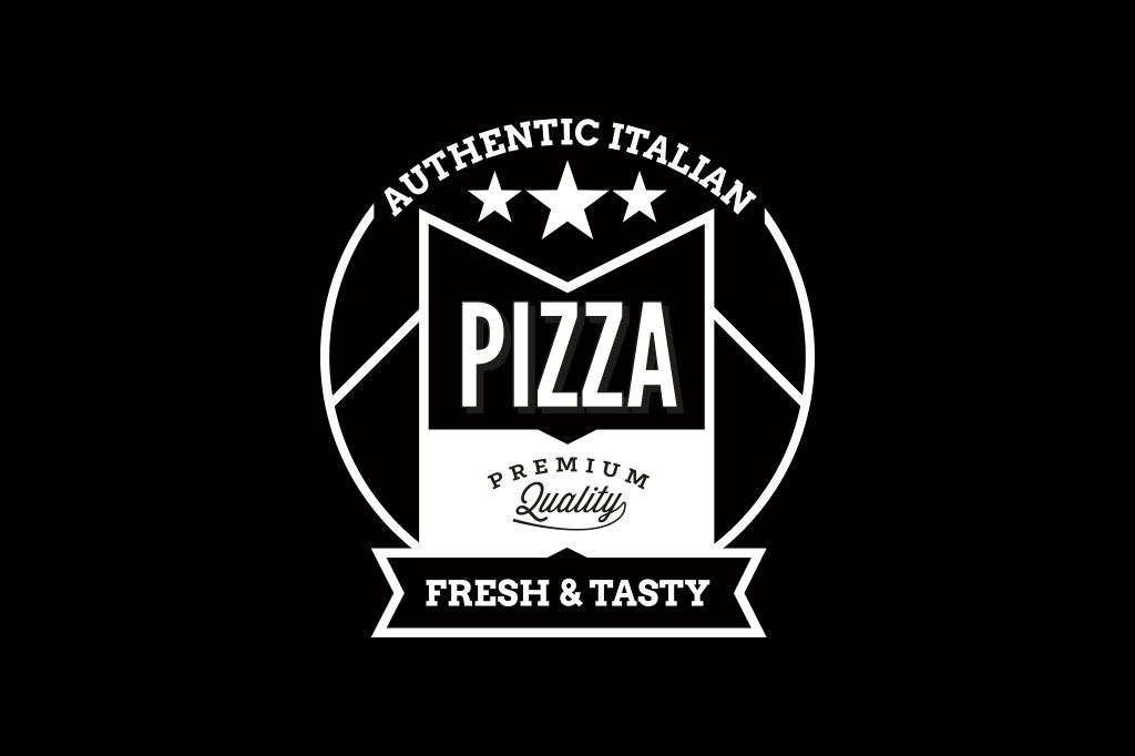 Retro pizza logo reversed white on black background highlighting cohesive branding system for takeaway food business Melbourne