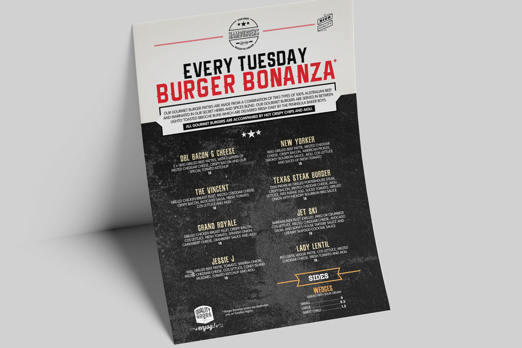 Sofia kiosk every Tuesday burger bonanza poster design for Sofia Frankston kiosk branding and takeaway food identity Melbourne
