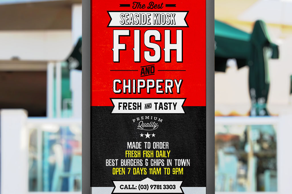 Outdoor signage for Sofia kiosk featuring retro seaside fish and chippery branding with gourmet burgers, fresh fish and takeaway food messaging Melbourne