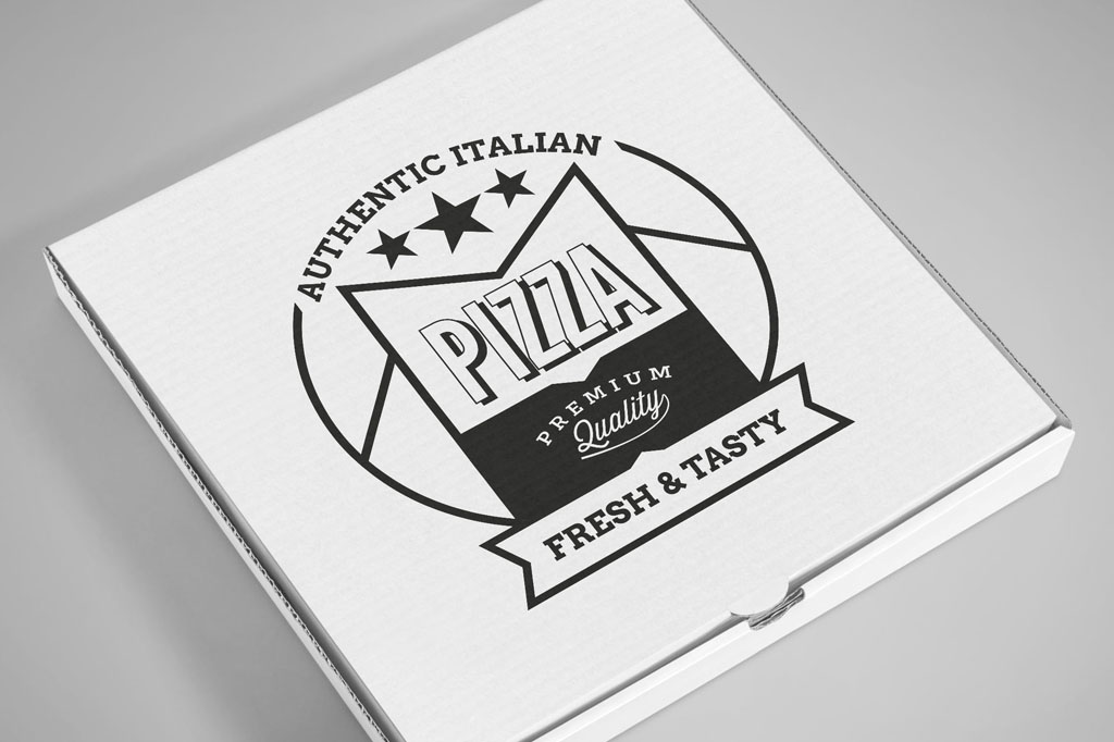 Custom pizza box packaging featuring retro pizza logo design for Sofia Frankston kiosk branding and takeaway food identity Melbourne