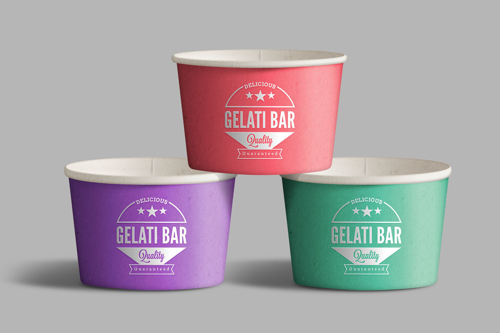 Branded gelati cups with retro logo design showcasing cohesive hospitality branding for Sofia Frankston kiosk Melbourne