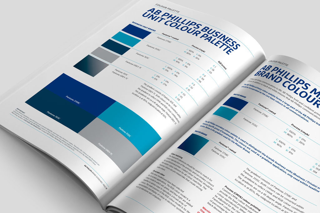 AB Phillips brand guidelines booklet showcasing corporate branding standards, logo usage and visual identity design by Melbourne freelance graphic designer