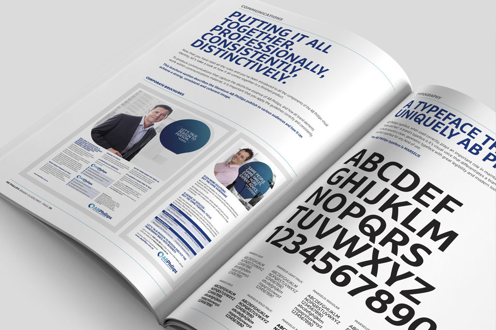 AB Phillips brand guidelines booklet showcasing corporate branding standards, logo usage and visual identity design by Melbourne freelance graphic designer