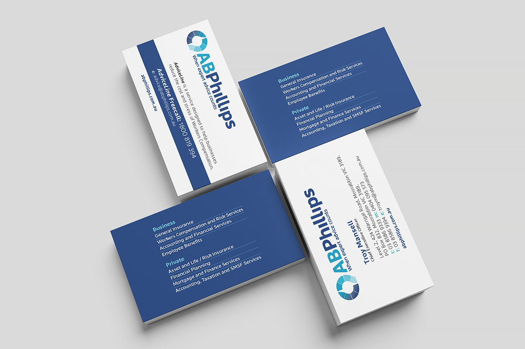 AB Phillips business card design showcasing modern corporate branding, logo design and professional visual identity Melbourne