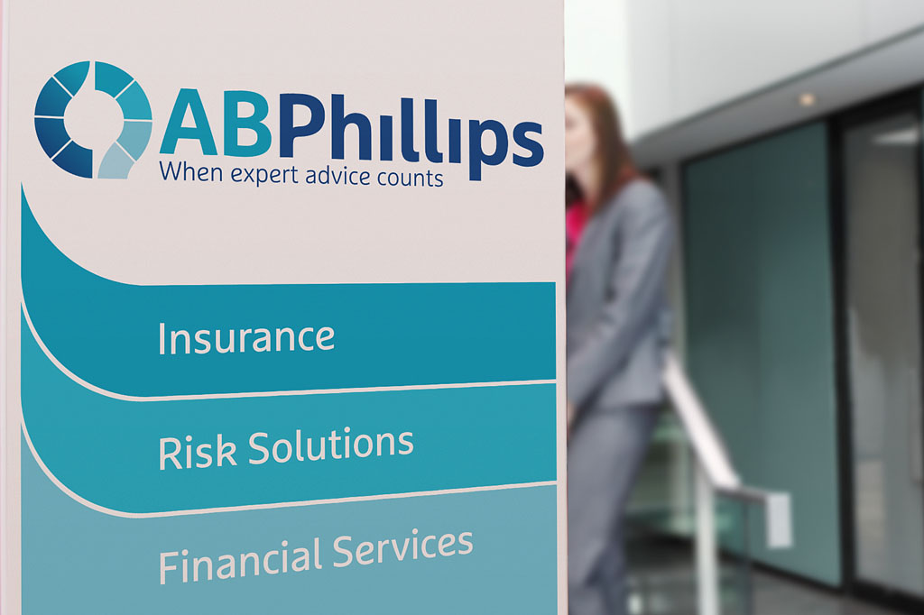 AB Phillips corporate foyer signage featuring Insurance, Risk Solutions and Financial Services branding as part of a strategic rebrand by Melbourne freelance brand designer