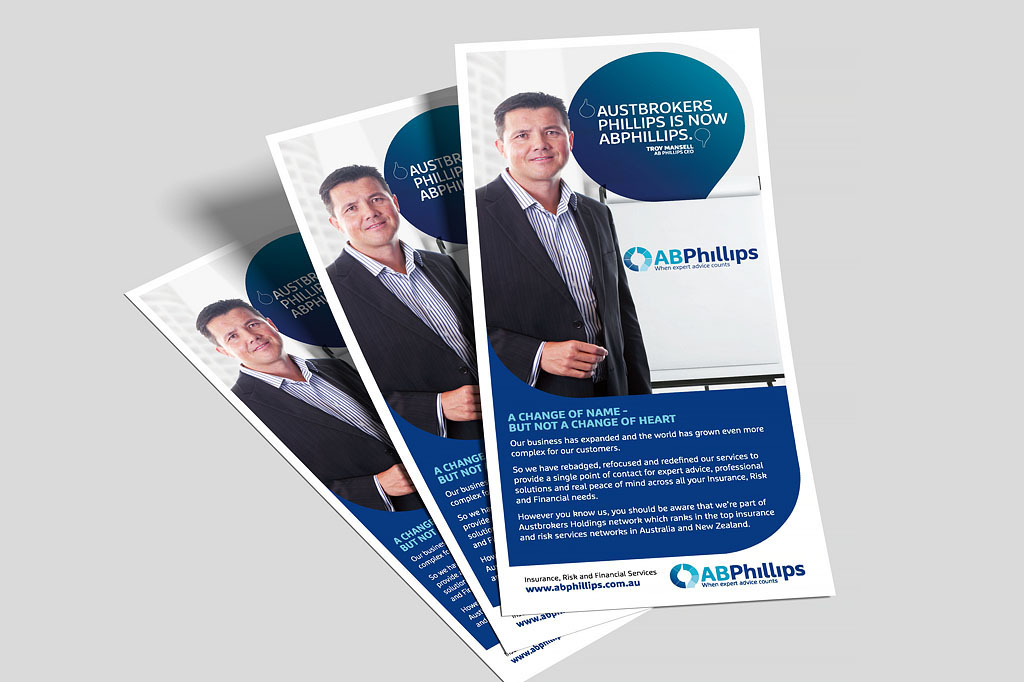 AB Phillips client communication flyer announcing rebrand from Austbrokers Phillips with strategic brand messaging and corporate design Melbourne