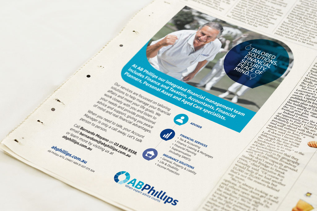 AB Phillips advertising campaign promoting tailored financial solutions, peace of mind and retirement planning through strategic financial services branding Melbourne
