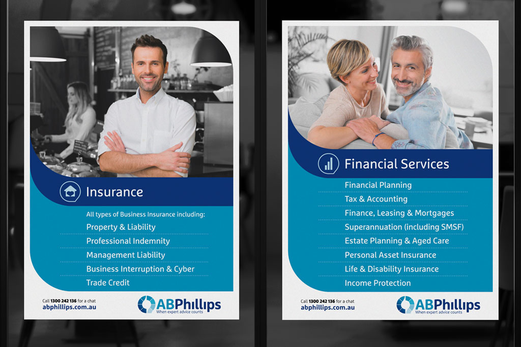 AB Phillips window posters promoting insurance and financial services through relationship-focused branding, corporate communication and visual identity design Melbourne
