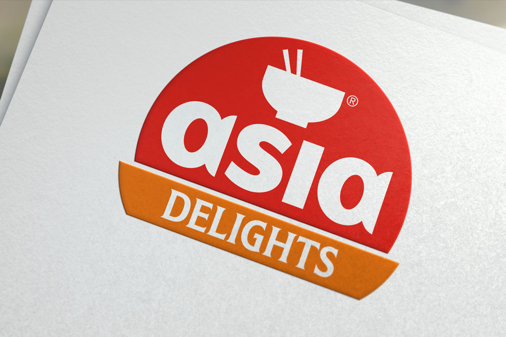 Embossed Asia Delights logo showcasing contemporary brand identity, custom typography and food branding design by Melbourne freelance graphic designer