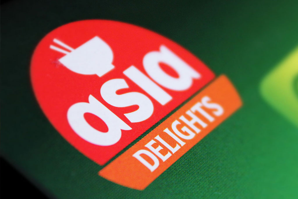 Close-up of Asia Delights food packaging highlighting logo design, packaging branding and retail-ready FMCG packaging created by Melbourne freelance designer