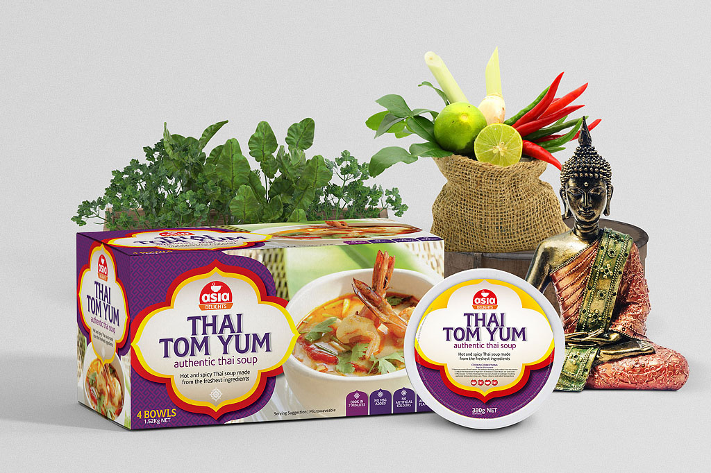 Asia Delights Tom Yum packaging featuring authentic Thai ingredients, product branding, food packaging design and consumer goods packaging created by a Melbourne freelance branding and packaging designer