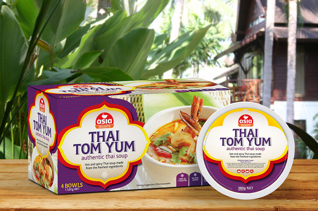 Asia Delights Tom Yum food packaging design featuring vibrant Thai-inspired branding, retail packaging, brand identity development and FMCG packaging design by a Melbourne freelance graphic designer