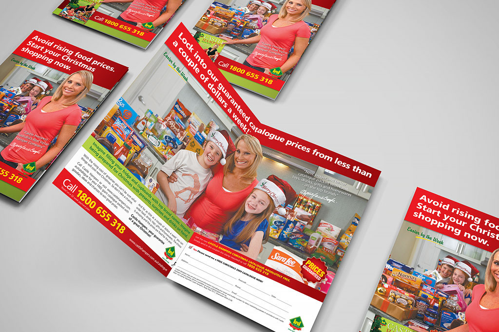 Castle Hampers direct mail piece with reply card and catalogue request form showcasing strategic lead generation and direct marketing design Melbourne