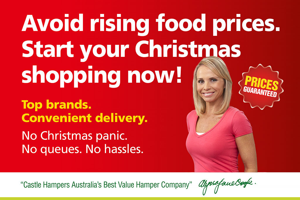 Castle Hampers online advertisement promoting Christmas food hampers, convenient delivery and early shopping through integrated digital marketing campaign Melbourne