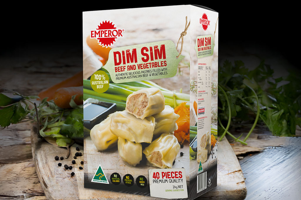 Emperor Beef and Vegetable Dim Sims packaging showcasing premium food branding, authentic photography and FMCG packaging design Melbourne