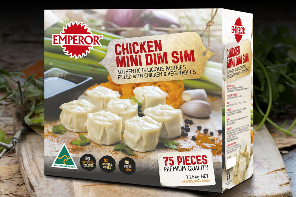 Emperor Chicken Mini Dim Sims packaging showcasing rustic food photography, authentic ingredient presentation and premium food packaging design Melbourne