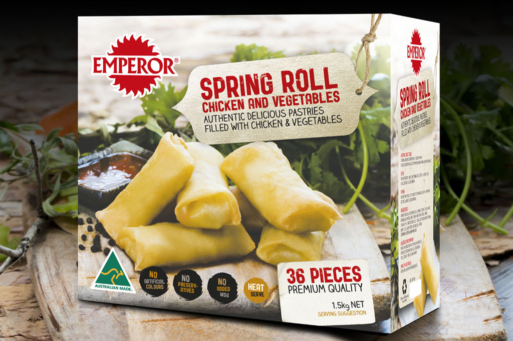 Emperor Chicken and Vegetable Spring Rolls packaging featuring authentic ingredient photography, retail food branding and packaging design by Melbourne freelance designer