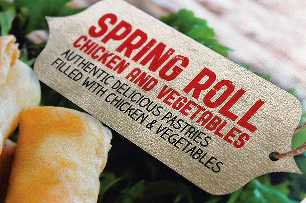 Close-up of Emperor Spring Rolls packaging label showcasing food branding, packaging graphics and retail packaging design by Melbourne freelance graphic designer