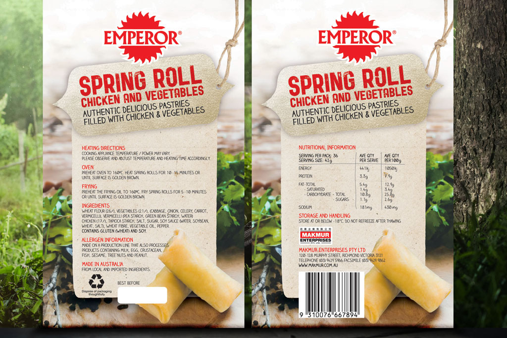 Emperor Spring Rolls side pack artwork featuring authentic Chinese-inspired branding, packaging graphics and retail food packaging design Melbourne