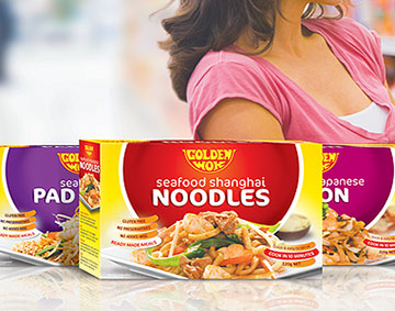Golden Wok Seafood Asian food packaging showcasing revitalised food packaging design, FMCG branding and retail packaging by Melbourne freelance packaging designer