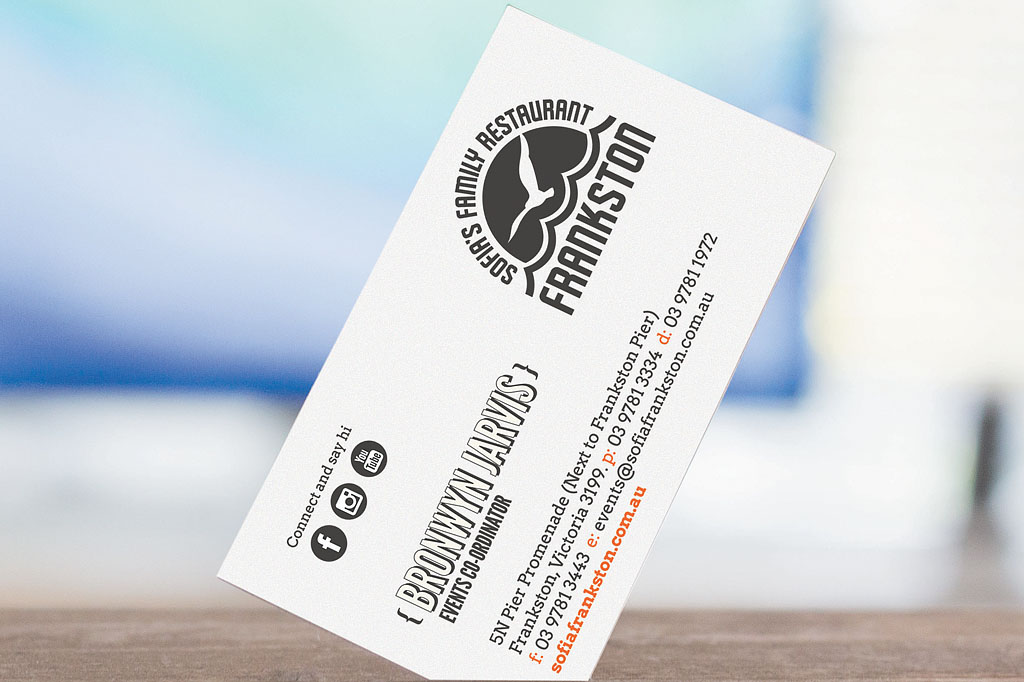 Sofia's Frankston business card featuring retro-inspired branding, logo design and hospitality visual identity by Melbourne freelance graphic designer