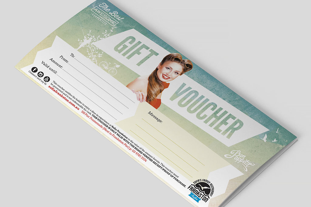 Sofia's Frankston gift voucher showcasing retro restaurant branding, customer loyalty marketing and promotional design by Melbourne freelance designer