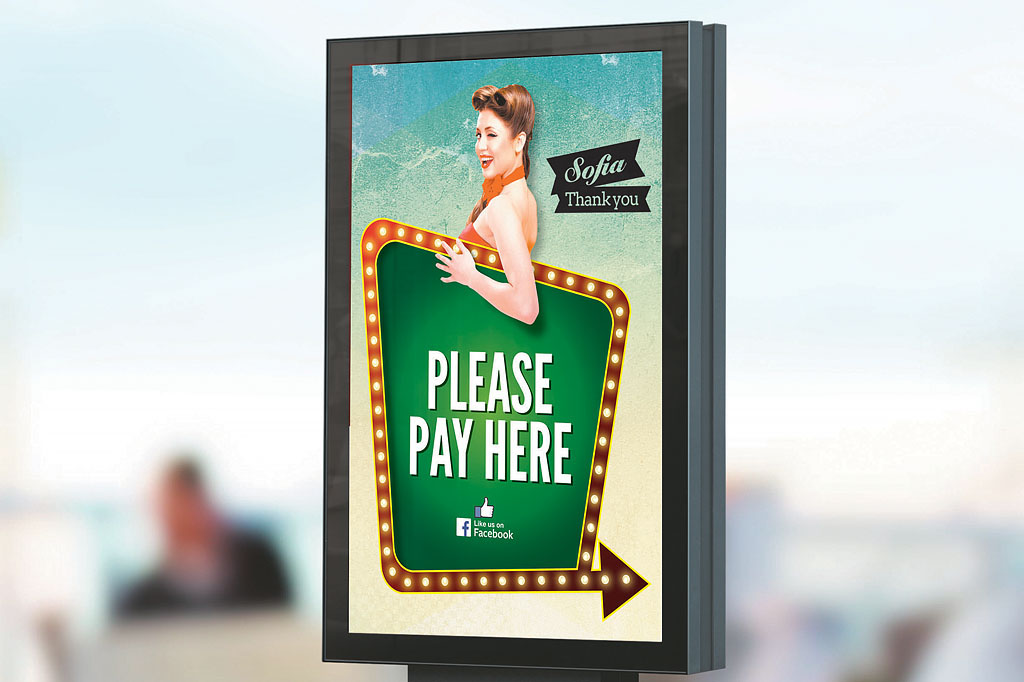 Sofia's Frankston outdoor signage directing customers to payment area through branded wayfinding design and hospitality communication strategy Melbourne