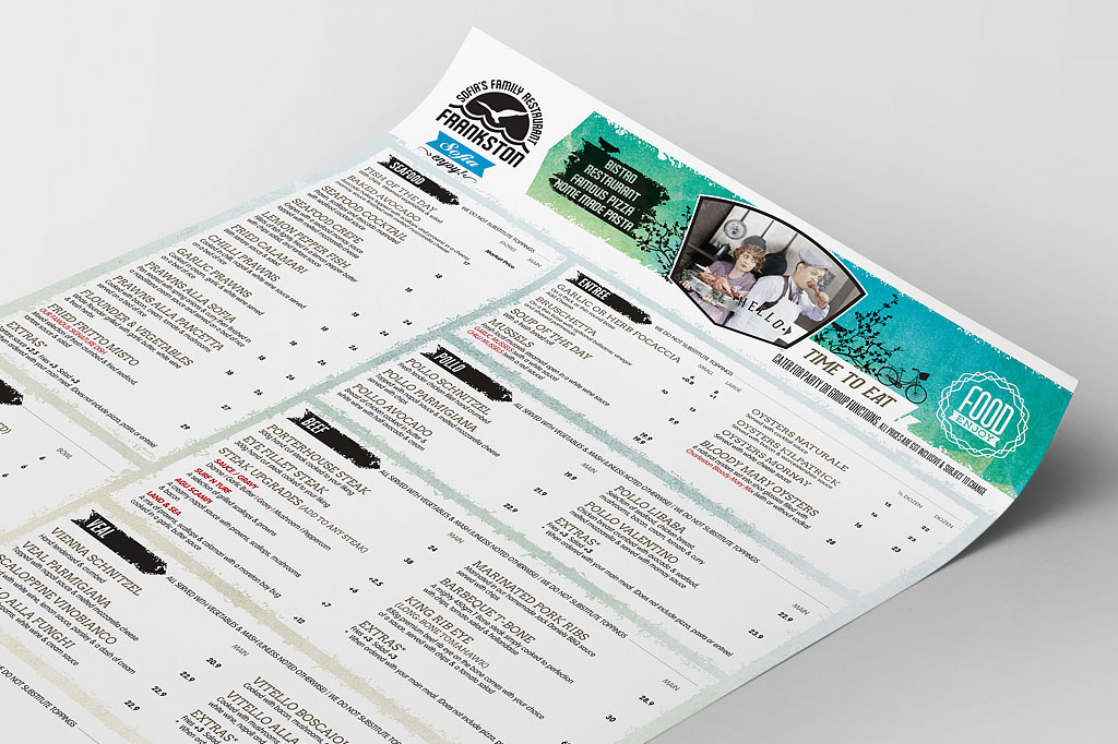 Sofia's Frankston tabletop menu showcasing retro-inspired restaurant branding, menu design and hospitality marketing created by Melbourne freelance designer