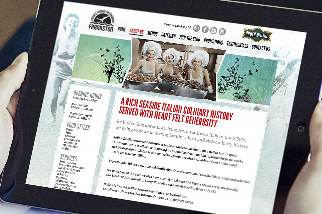 Sofia's Frankston website viewed on tablet device highlighting responsive web design, restaurant branding and digital communication Melbourne