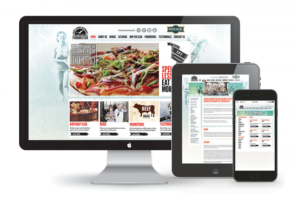 Sofia's Frankston website displayed across desktop, tablet and mobile devices showcasing hospitality branding, website design and customer experience strategy Melbourne