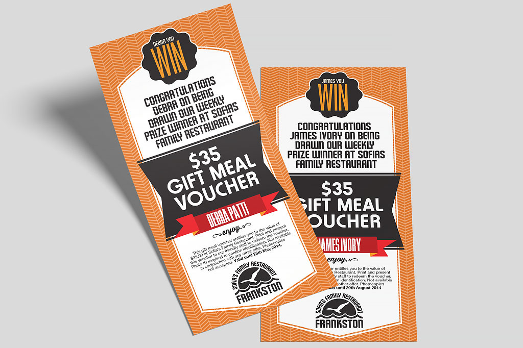 Sofia's Frankston winner's gift voucher designed for loyalty program promotions and customer engagement marketing within hospitality branding strategy Melbourne