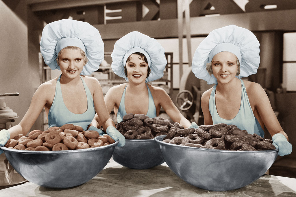 1950s-inspired illustration featuring three women with oversized bowls of donuts supporting Sofia's Frankston retro brand identity and creative storytelling