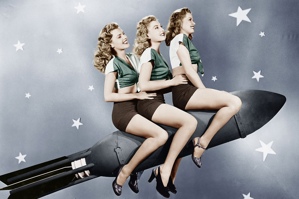 Retro-inspired illustration of three women riding a rocket reflecting 1950s and 1960s brand personality created for Sofia's Frankston restaurant branding Melbourne
