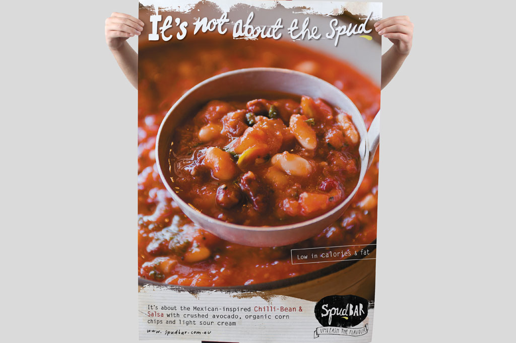 Spudbar in-store campaign promoting Chilli Bean and Salsa gourmet meals through strategic healthy food messaging and restaurant branding Melbourne