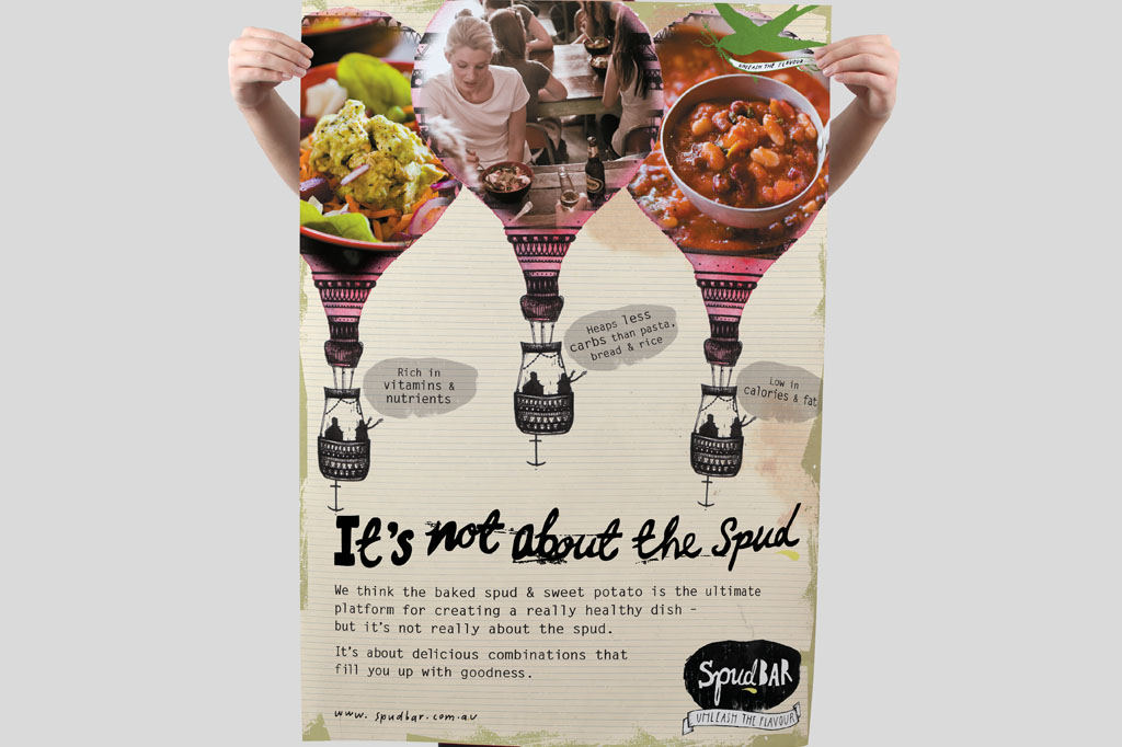 Spudbar point of sale poster highlighting vitamins, nutrients, fewer carbohydrates and healthy eating through strategic hospitality branding Melbourne
