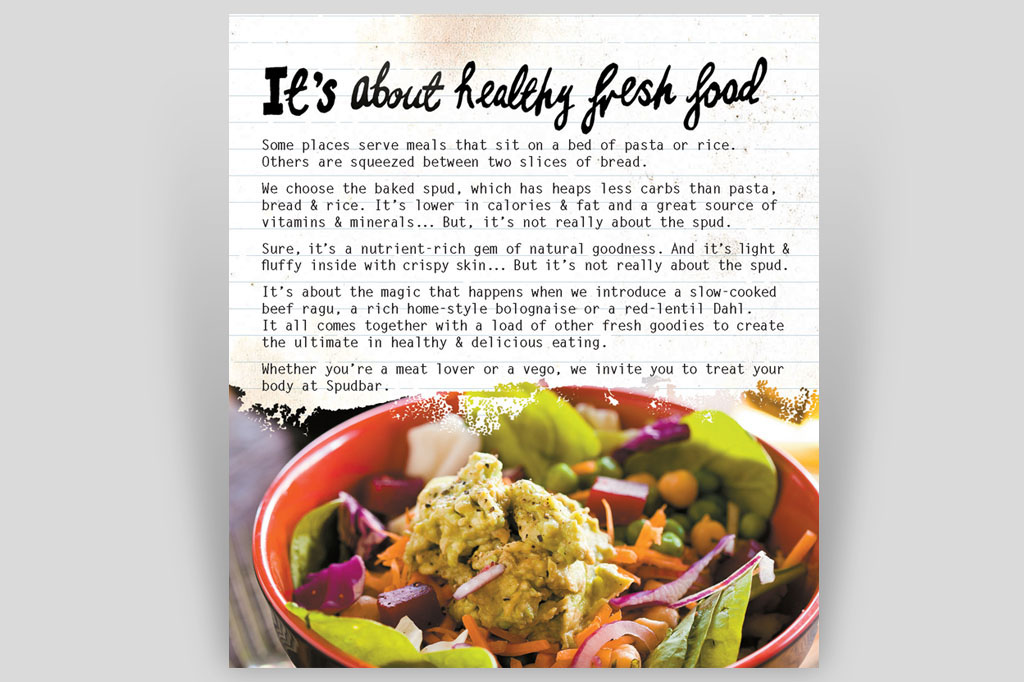 Spudbar countertop promotional card communicating healthy food benefits through strategic restaurant branding and point of sale design Melbourne