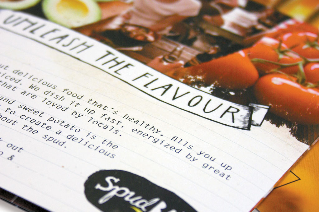 Spudbar customer voucher booklet designed to change brand perceptions, drive trial and promote healthy gourmet meals through strategic branding and graphic design by Melbourne freelance creative consultant