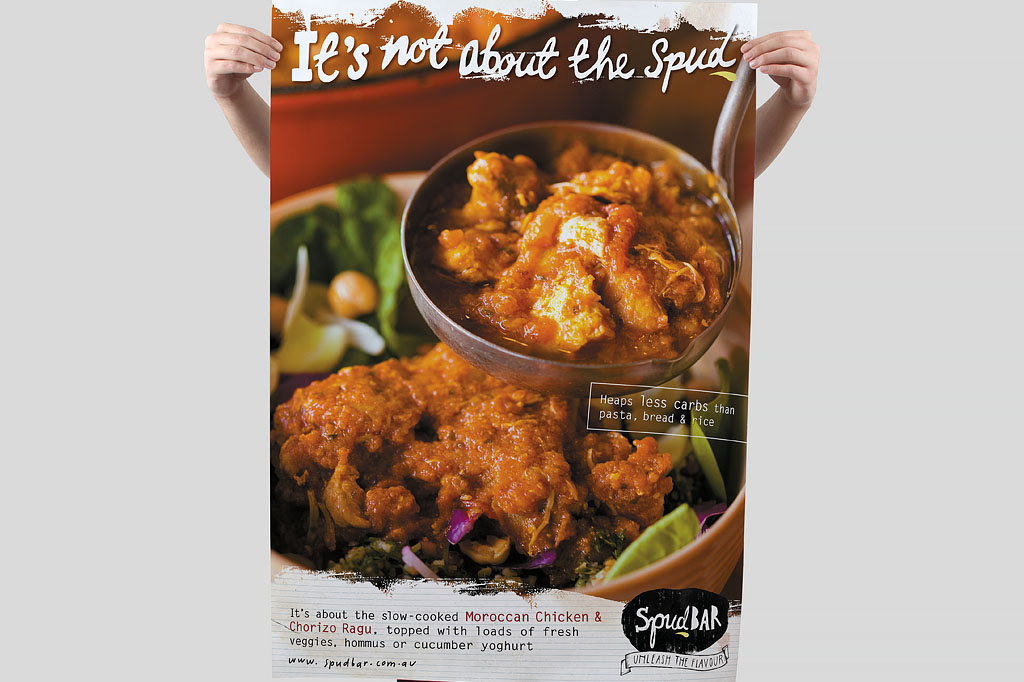Spudbar in-store promotional signage featuring Moroccan Chicken and Chorizo highlighting gourmet healthy meals and restaurant marketing campaign Melbourne
